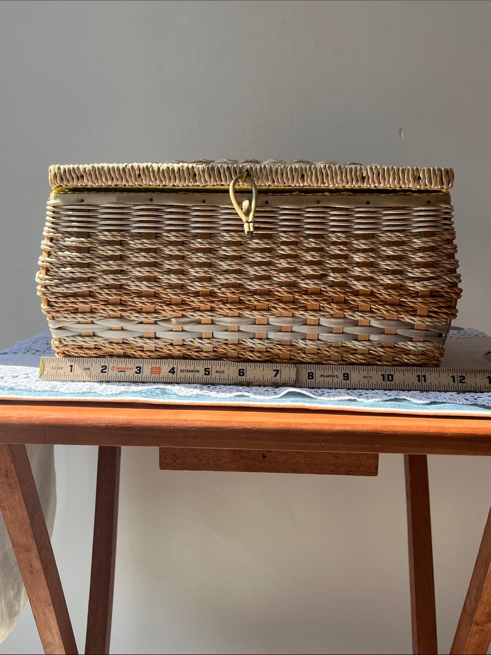Vintage 1970s Wicker Sewing Basket Box Yellow Daisy Print & Tray Japan